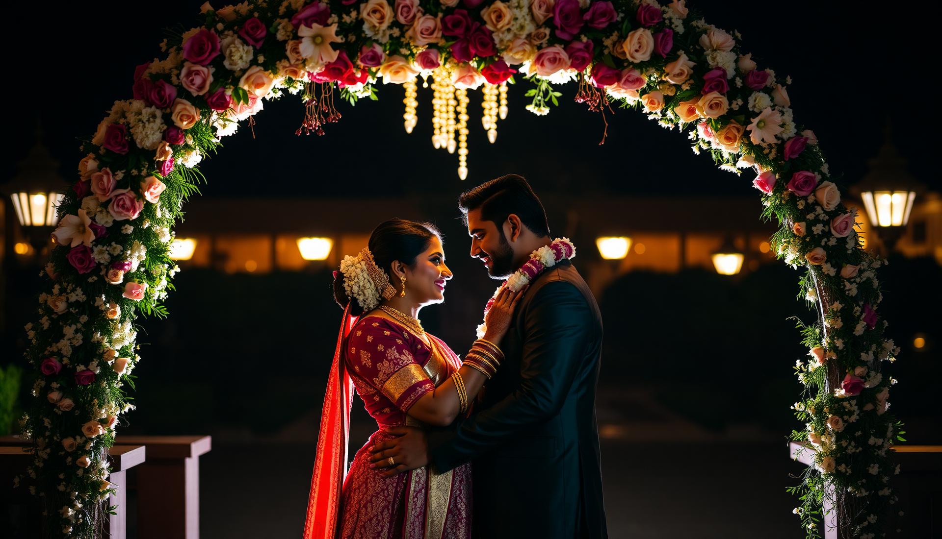 Romantic couple under a floral arch at Elements Courtyard