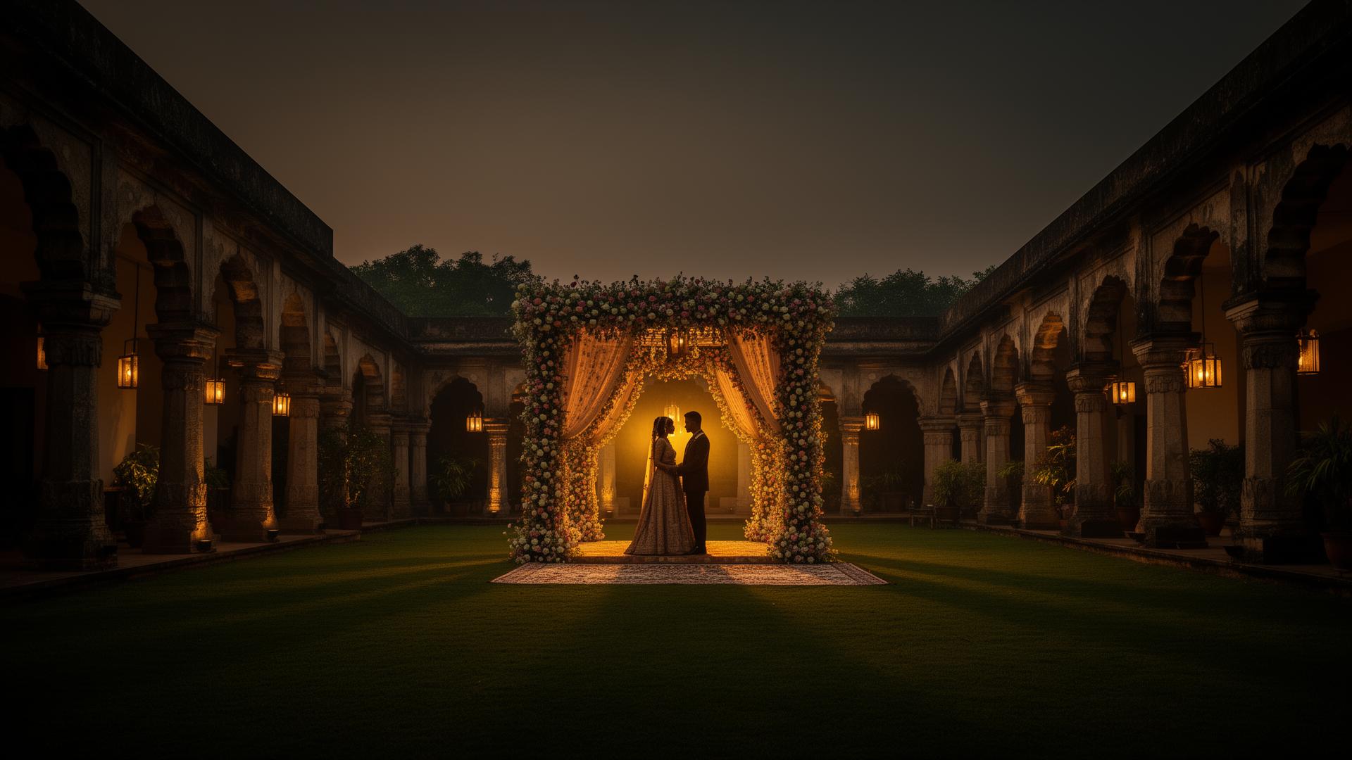 Wedding couple at Elements Courtyard, Bangalore — heritage architecture and floral mandap at twilight